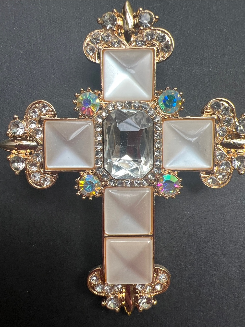 Crystal & White Inlay Cross Pin - Gold-Tone